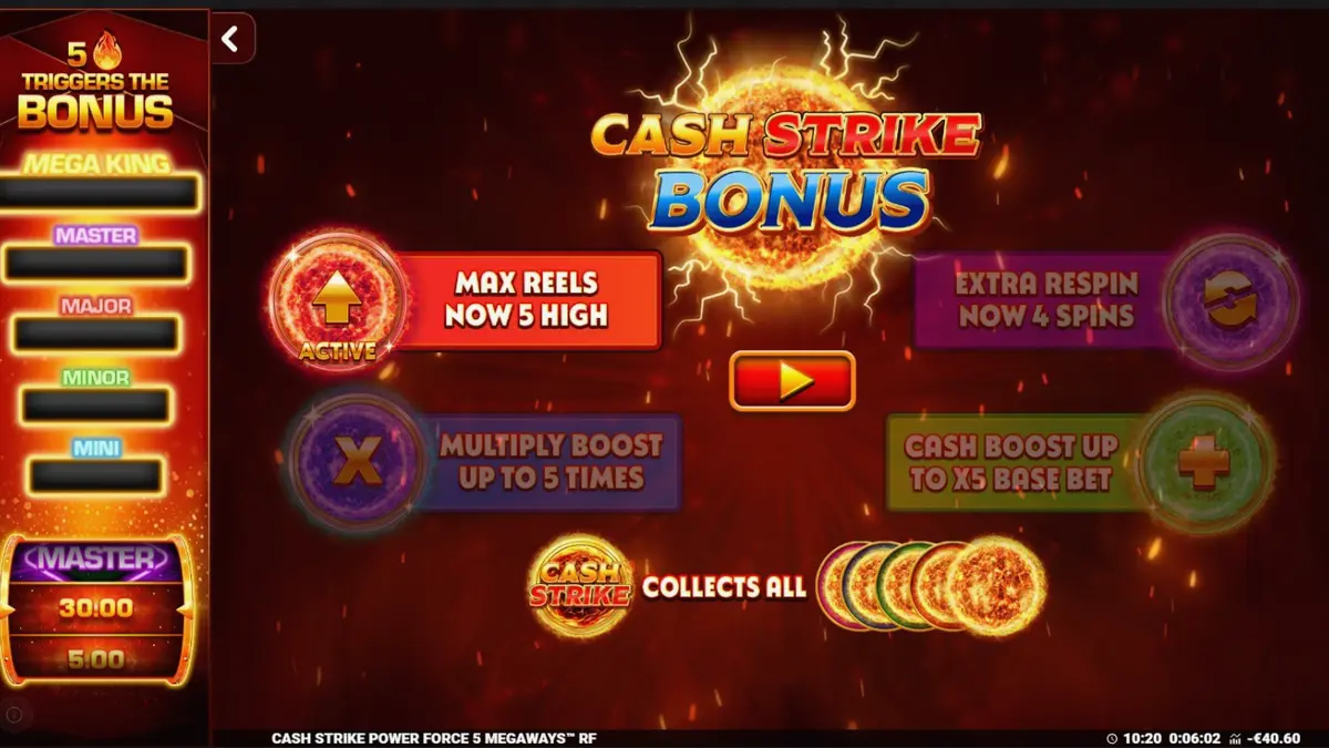 Interface do jogo Cash Strike Power Force 5 Megaways com símbolos de frutas e elementos de bônus.