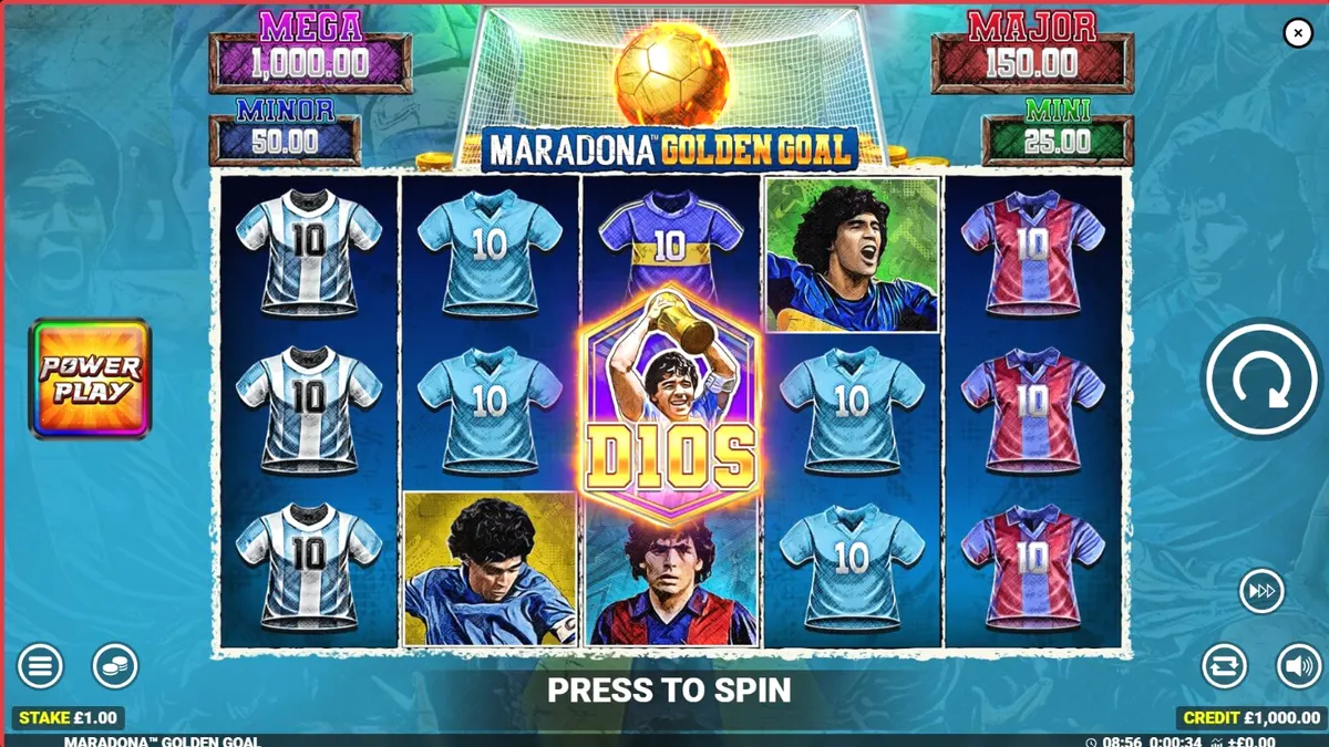 Maradona Golden Goal slot machine interface featuring football legend imagery