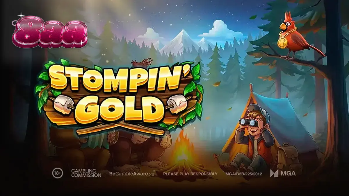Cena da floresta enevoada com o personagem Jack Tracker e as criaturas Biggie e Boogie no slot Stompin' Gold